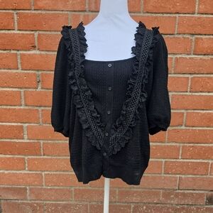Black Ruffled Crochet Trim Button Sweater
